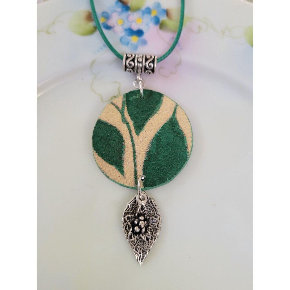 Broken Pottery with Green Leaves Pendant Necklace with Leaf & Flower Charm